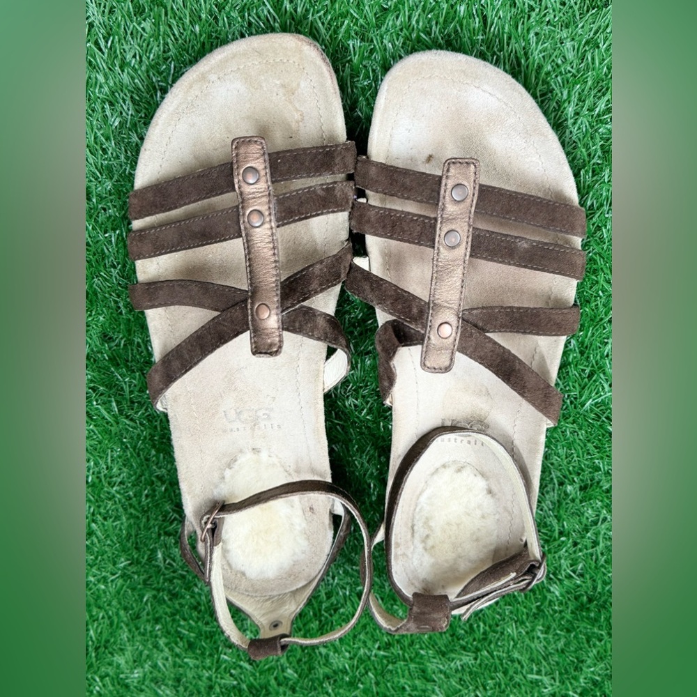 UGG S/N 1766 SZ 10 M‎ 41 LADIES BROWN SUEDE COPPER LEATHER ANKLE STRAP SANDALS